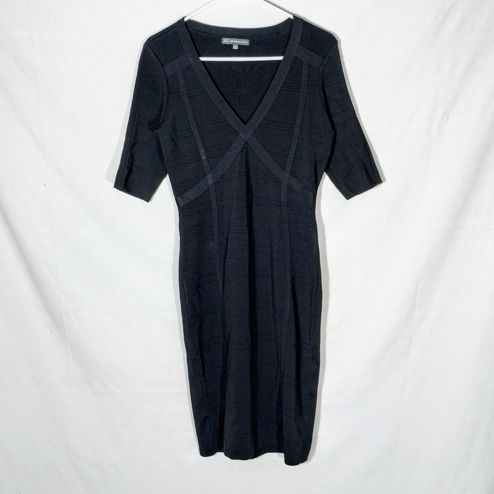 Adrianna Papell Black Ribbed Bandage Dress V Neck Bodycon Midi Dress Medium EUC